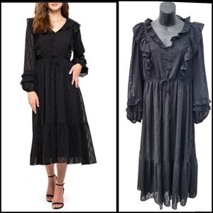 August Sky Long Sleeve Clip Dot Chiffon Midi Black Dress size L